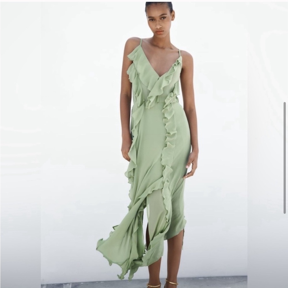 ZARA Green Ruffle Dress